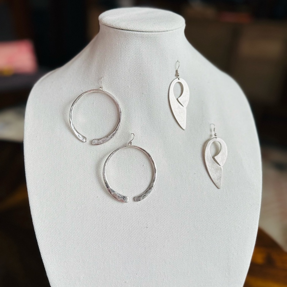 Funky Silver Hoop and Drop Earrings - 2 Pairs